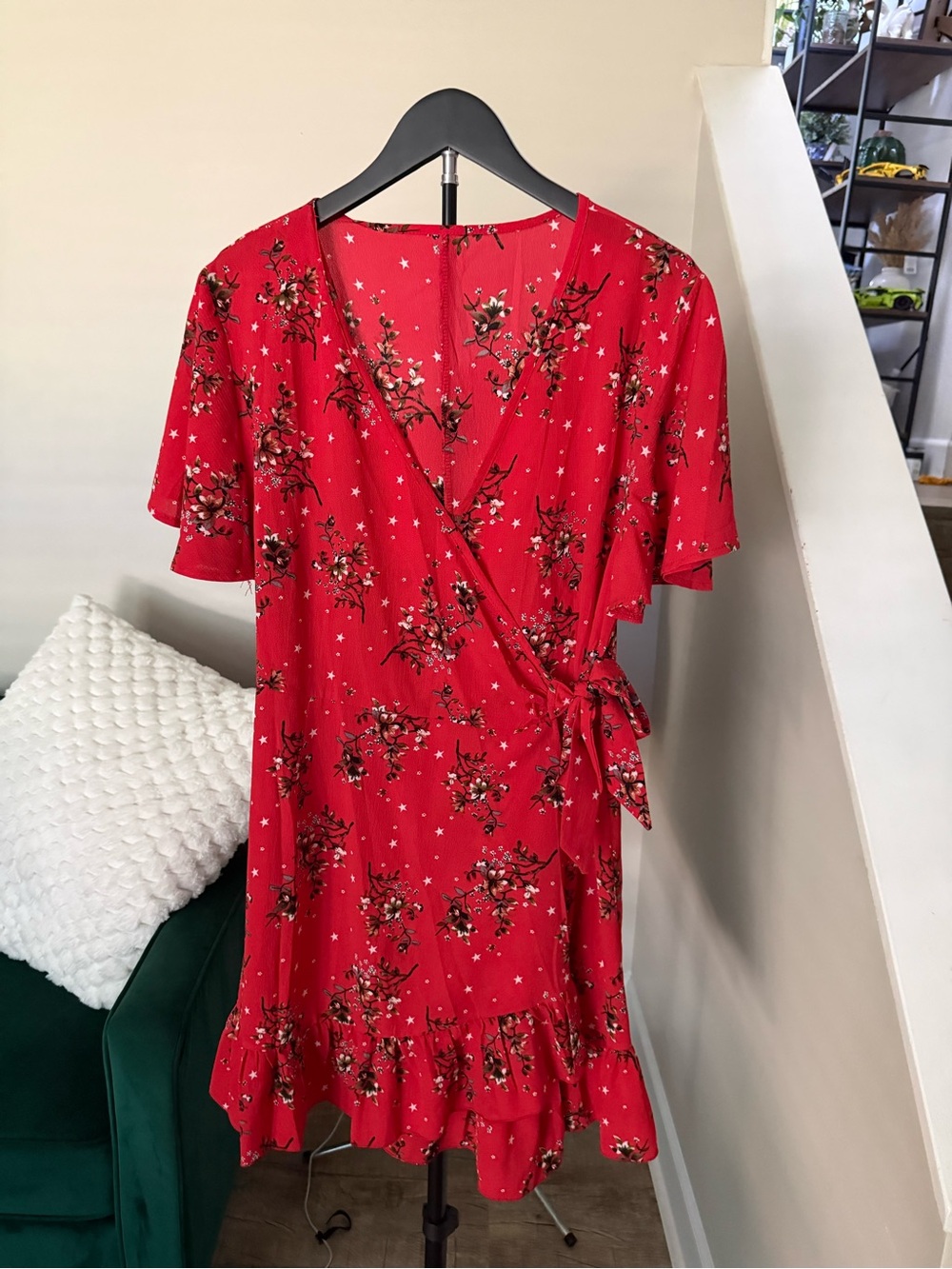 Red Floral Wrap Dress with Tie Waist